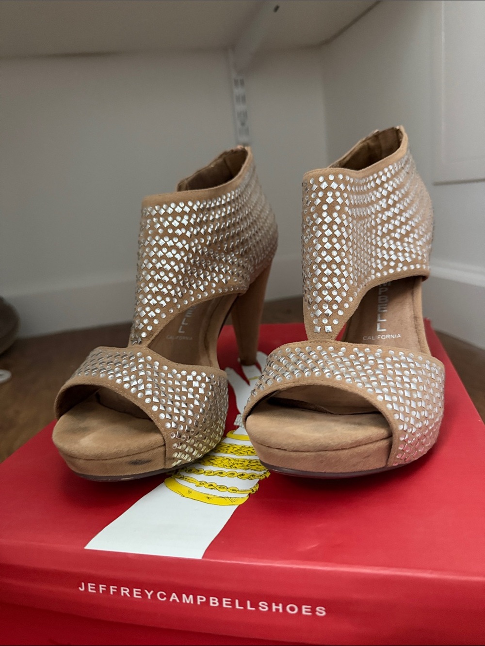 Jeffrey Campbell Rally  Nude/Tan Crystal Open-Toe Heel Sandals 8 or 81/2